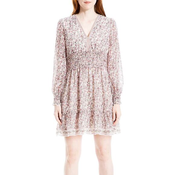 Max Studio Georgette Dress Smocked Mini XS V-Neck Tiered Skirt Like New Lined - Picture 1 of 10